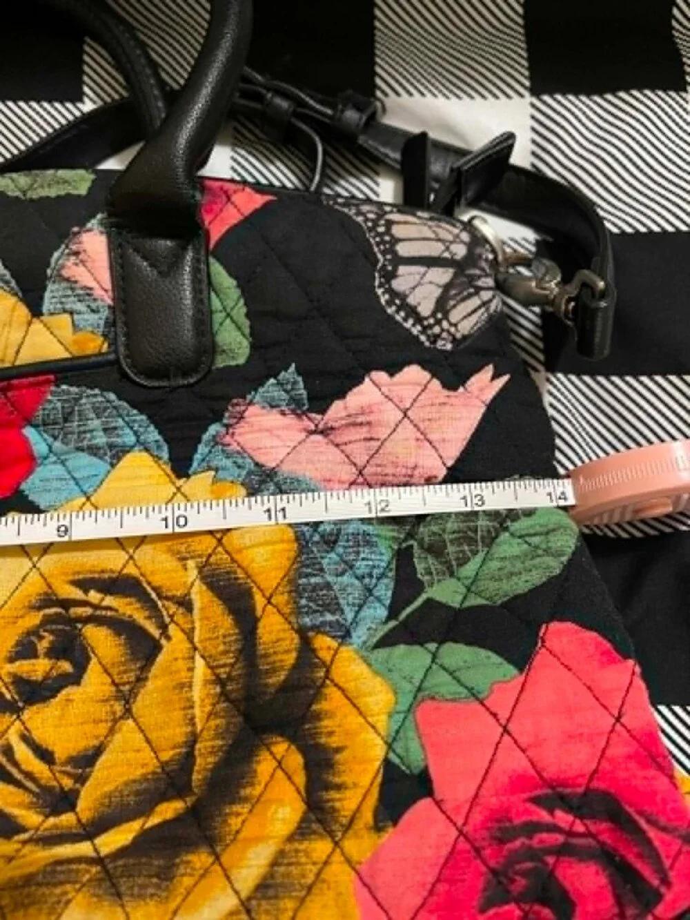 LIKE NEW Vera Bradley Quilted Cotton Satchel, Roses and Butterflies 14" x 10 - Picture 9 of 14
